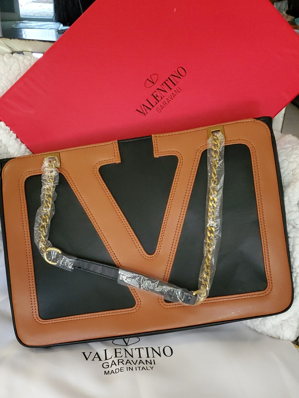 Valentino Black & Tan V-Logo Chain Shoulder Bag